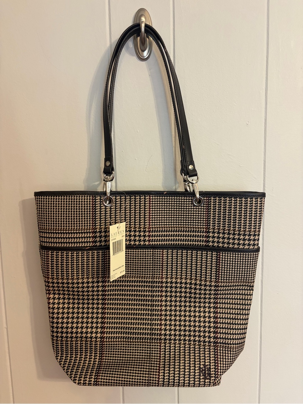 Lauren Ralph Lauren Black and Tan Plaid Tote with Leather Straps